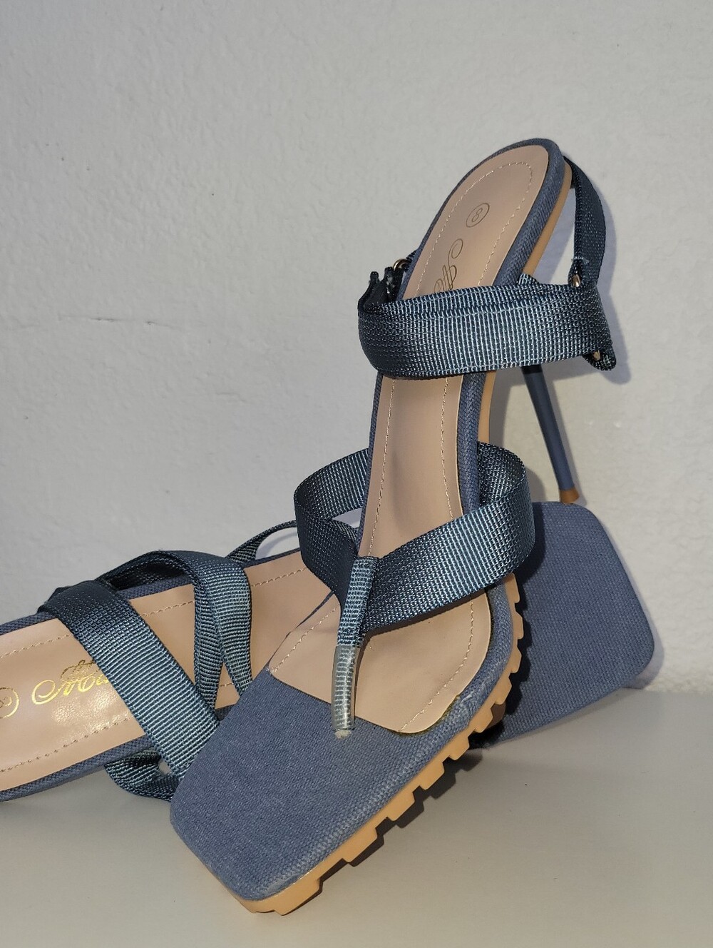 Strappy Square-Toe High Heel Thong Sandals in Slate Blue